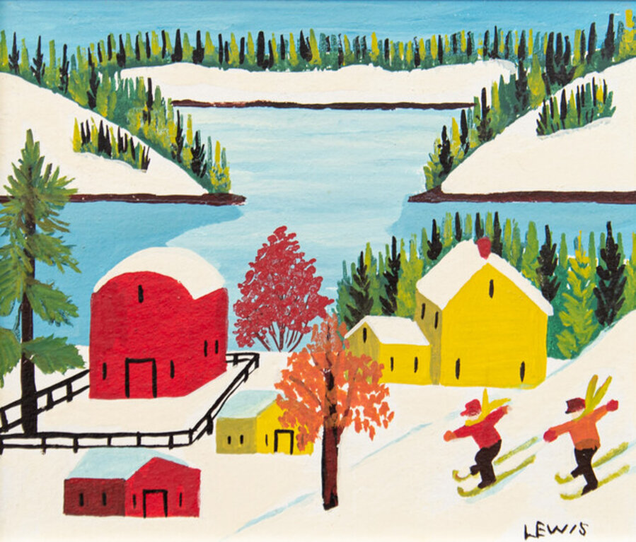 Two Skiers - bright, winter, landscape, colourful, folk art, oil on board