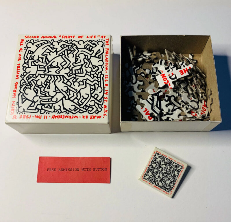 Keith Haring, ‘'Second Annual Party of Life' (Jig-saw puzzle invitation)’, 1985, Mixed Media, Envelope, stamps, printed cardboard box, puzzle pieces, metal button, printed paper, pen, Artificial Gallery