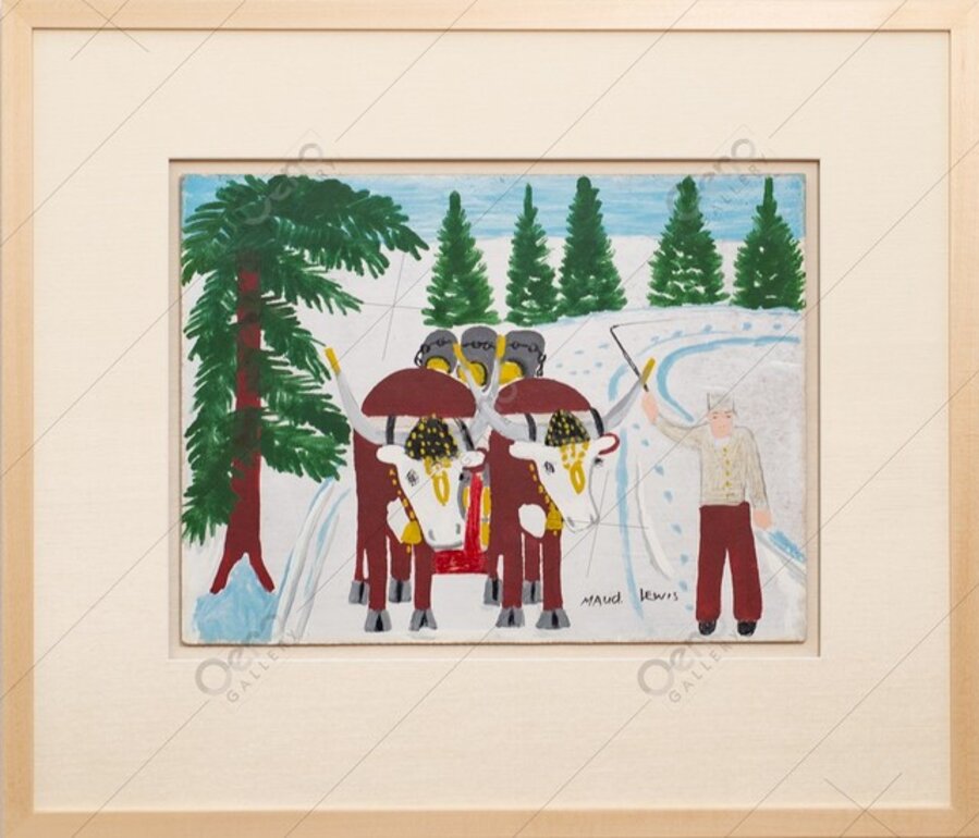 Two Oxen Hauling Logs and Man - bright, colorful, outsider art