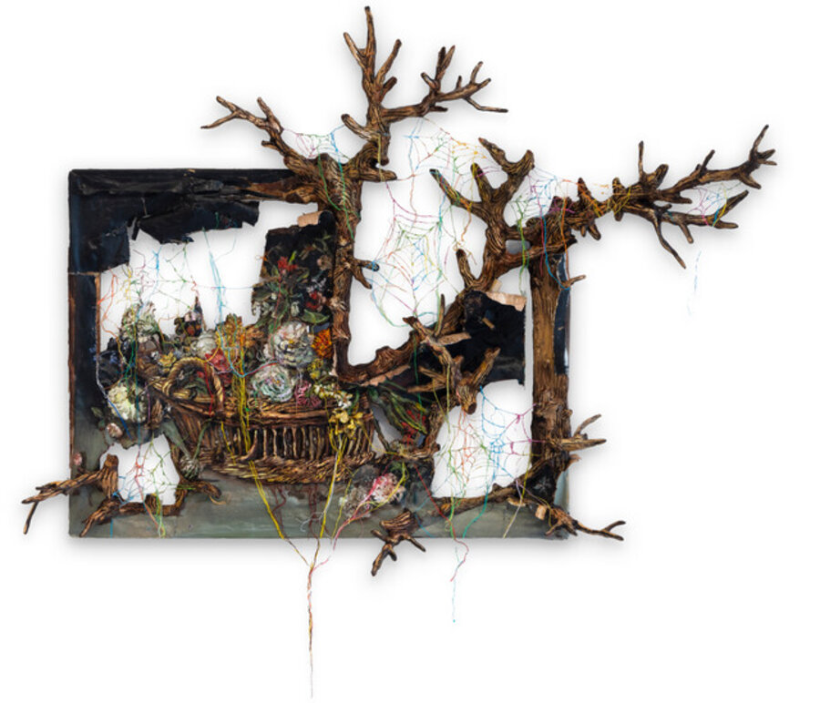 Basket of flowers with branches and spiderwebs (Unravel)