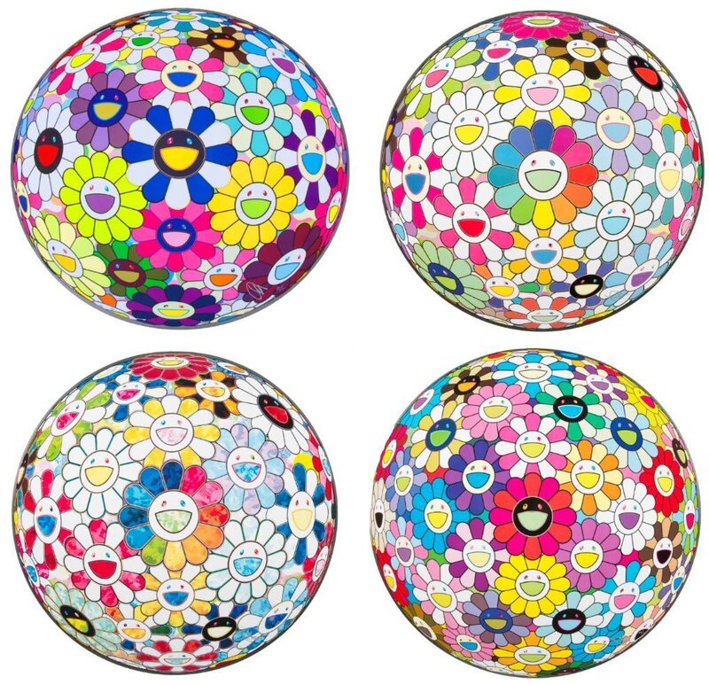 Takashi Murakami, ‘Flowerball (4): Scenery with a Rainbow in the Midst; Flowerball Multicolor; Flowerball: Want to Hold You; Awakening’, 2014; 2014; 2015; 2014, Print, Screenprint on paper, Julien's Auctions