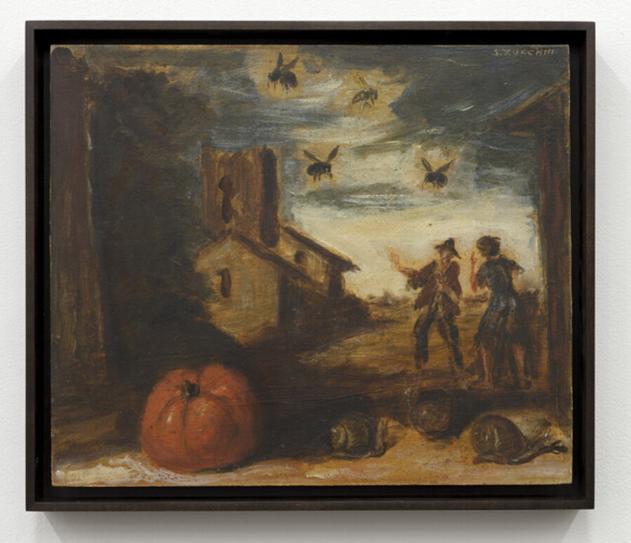Untitled (Paesaggio con figure umane, lumache, insetti e zucca)