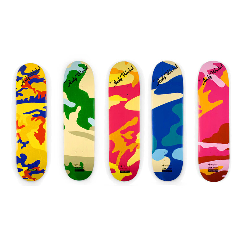 Andy Warhol, ‘Camouflage (set of 5 skateboard decks)’, 2007, Print, Screenprint on skateboard decks, EHC Fine Art