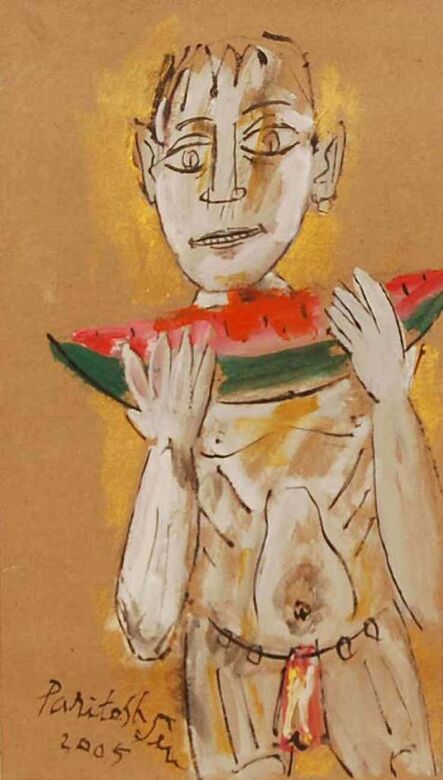 Paritosh Sen, ‘Boy Eating Watermelon, Acrylic on Board, Yellow, Orange, Red, Black Colours by Modern Artist "In Stock"’, 2005