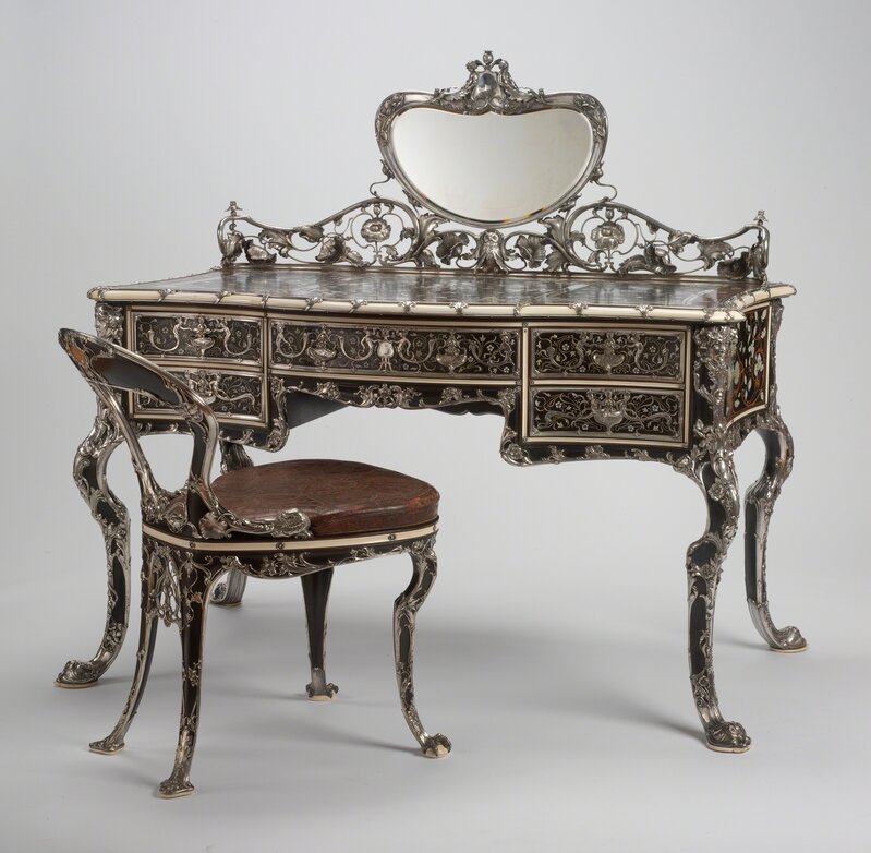 Gorham Manufacturing Company, ‘Lady's Writing Table and Chair’, 1903, Design/Decorative Art, Ebony, mahogany, boxwood, redwood, thuya wood, ivory, mother-of-pearl, silver, mirrored glass, and gilded tooled leather, RISD Museum