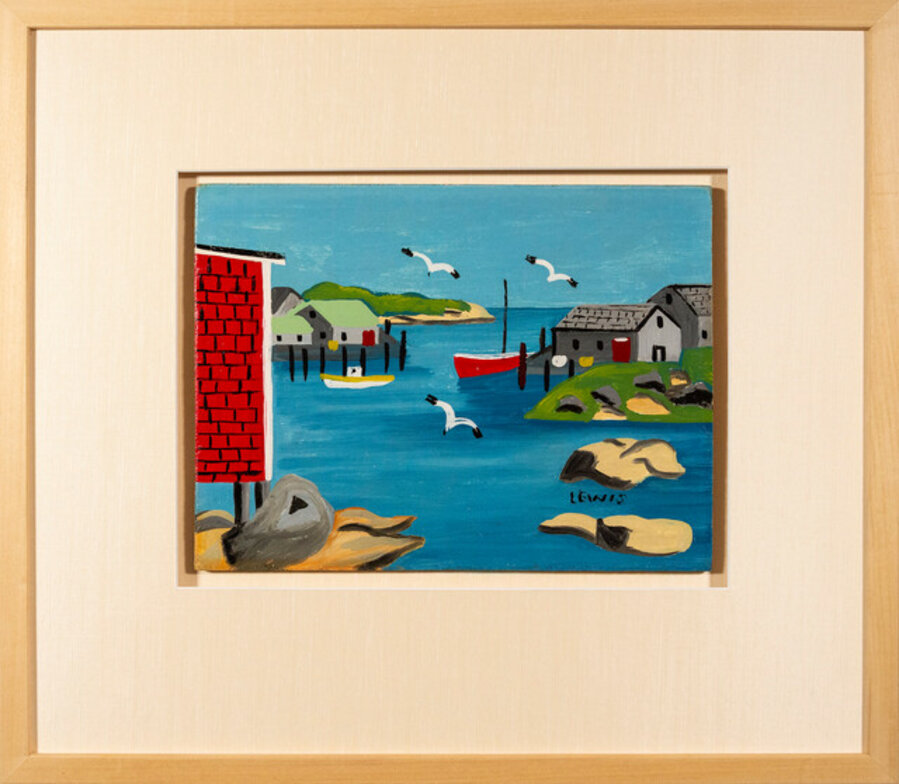 Sandy Cove with Red Clapboard- bright, colourful, Canadian, folk art, oil on board