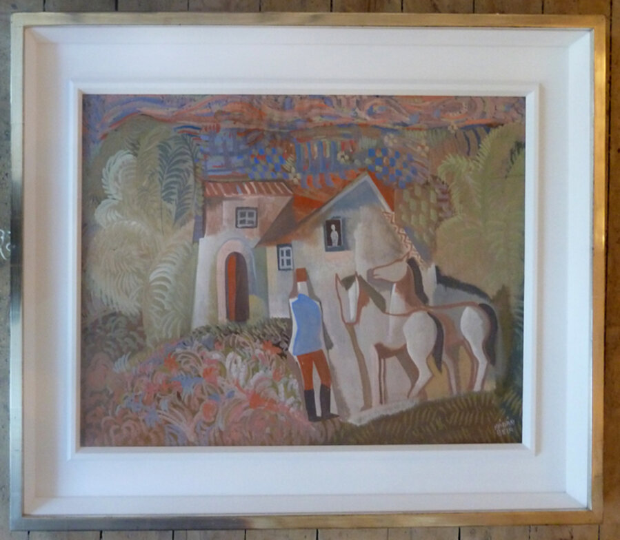 Rider and Two Horses in front of a House