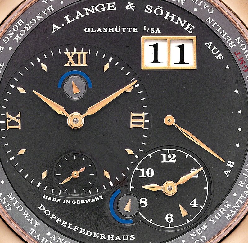 A. Lange & Söhne, ‘A fine and rare pink gold dual and world-time wristwatch with date, power reserve, night/day indications and grey dial’, Circa 2012, Fashion Design and Wearable Art, 18K pink gold, Phillips