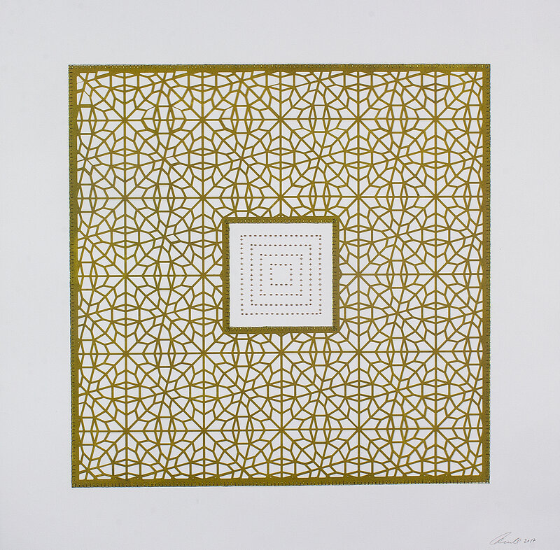 Anila Quayyum Agha, ‘Flowers (Pea Green Square)’, 2017, Drawing, Collage or other Work on Paper, Mixed media on paper (encaustic pea-green square with brown beads in center), Sundaram Tagore Gallery