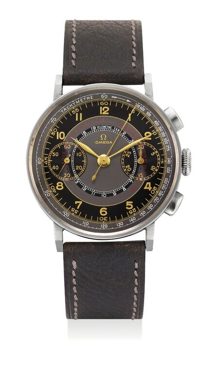 OMEGA, ‘A rare and very attractive stainless steel chronograph wristwatch with bi-colour multi-scale dial’, 1943