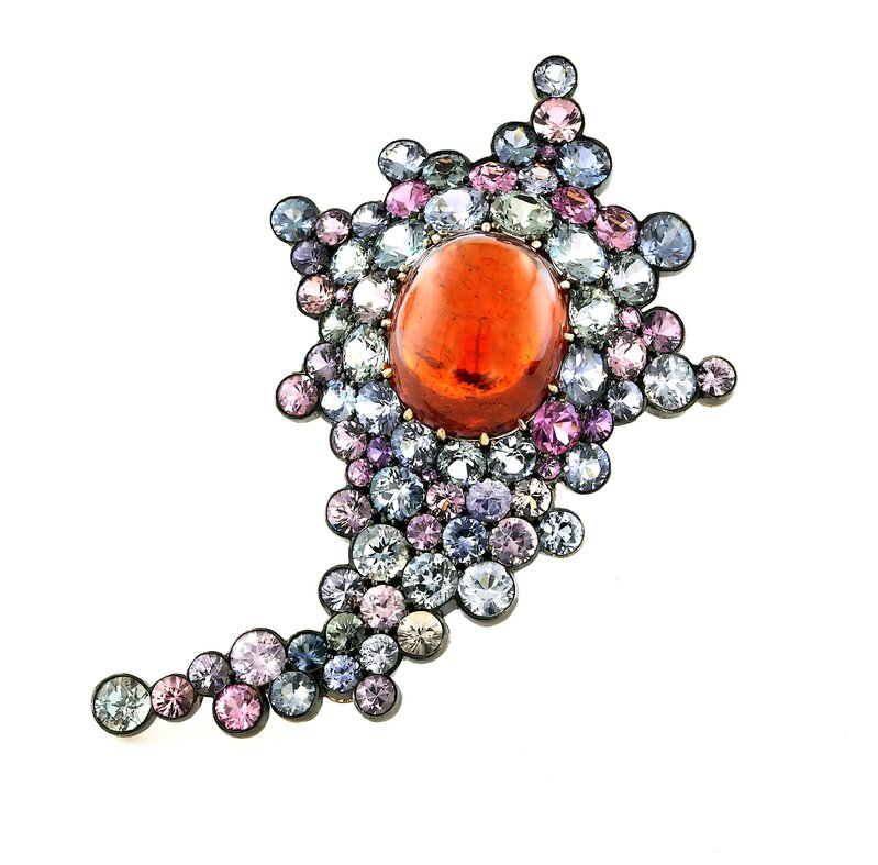 James de Givenchy, ‘Spessarite Cabochon, Burma Sapphire, Oxidized Silver, Blackened 18K White  Gold and 18K Rose Gold Brooch’, Taffin
