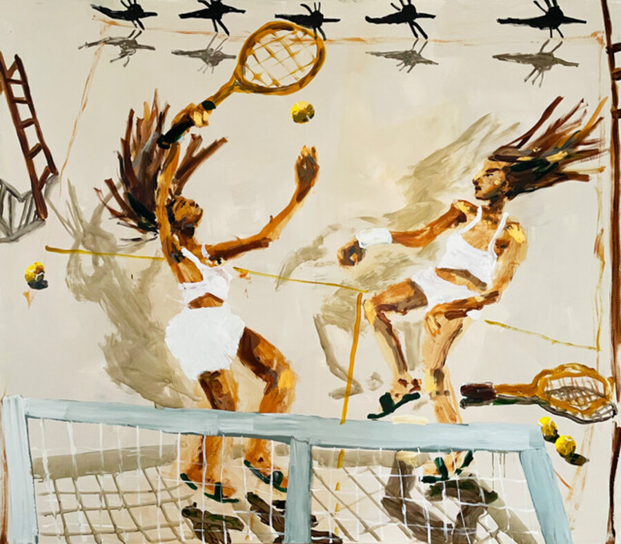 Tennis Serve with Five Birds