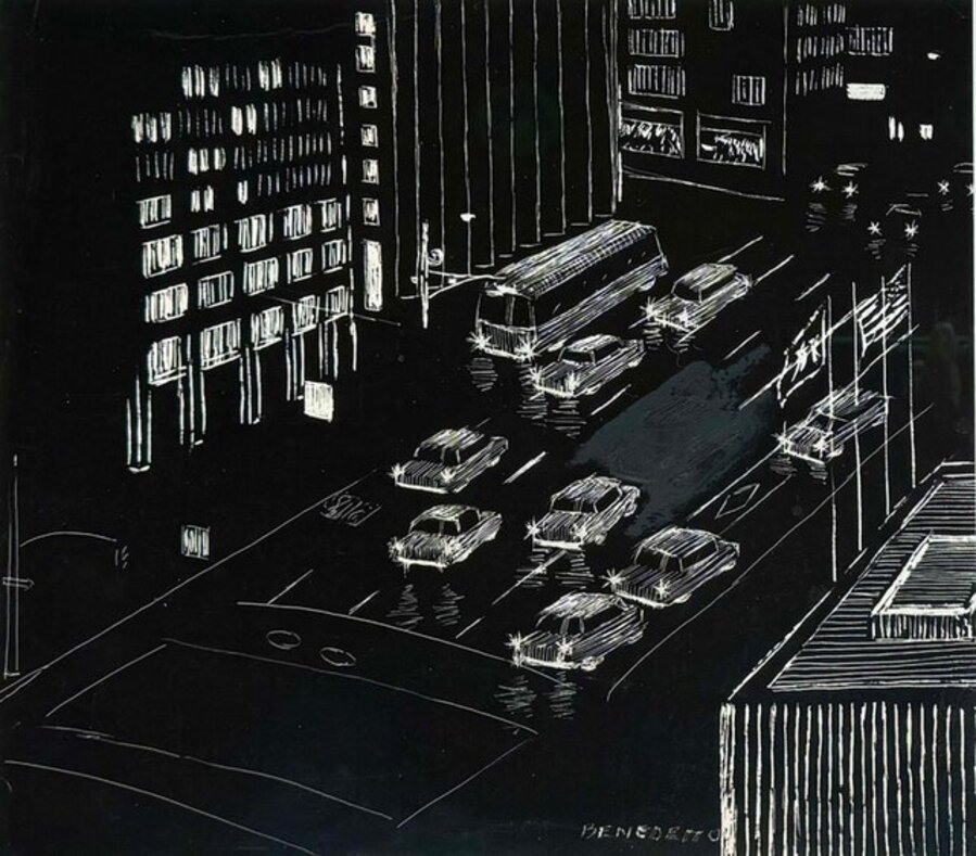 Legendary Tony Bennett "NYC Traffic" Original Contemporary Drawing Cityscape