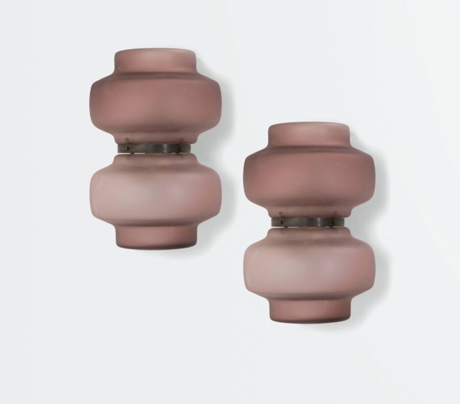 a pair of wall lamps with a lacquered metal structure and Murano glass shades