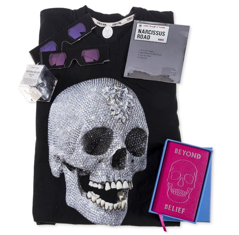 Damien Hirst, ‘Beyond Belief VIP Gift Bag’, 2007, Other, Paper gift bag containing a printed t-shirt, a foil stamped pink leather Smythson notebook, two pairs of 3D glasses, a silver foil covered white chocolate skull and a CD single, Forum Auctions