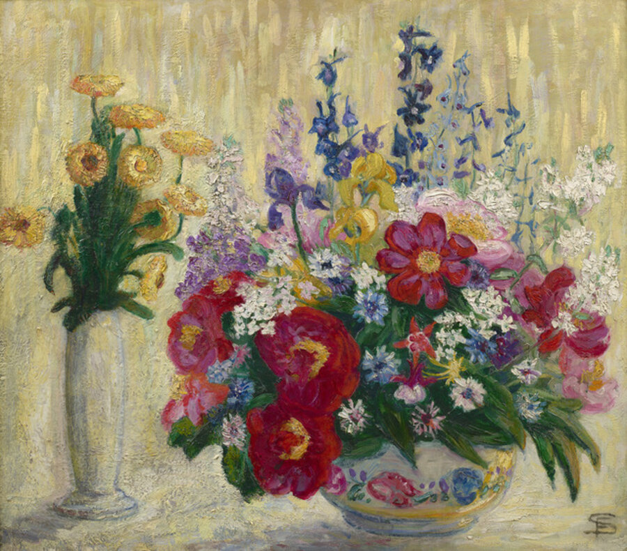 Marigolds, Rose Peonies, Purple Delphiniums, & Gold Iris