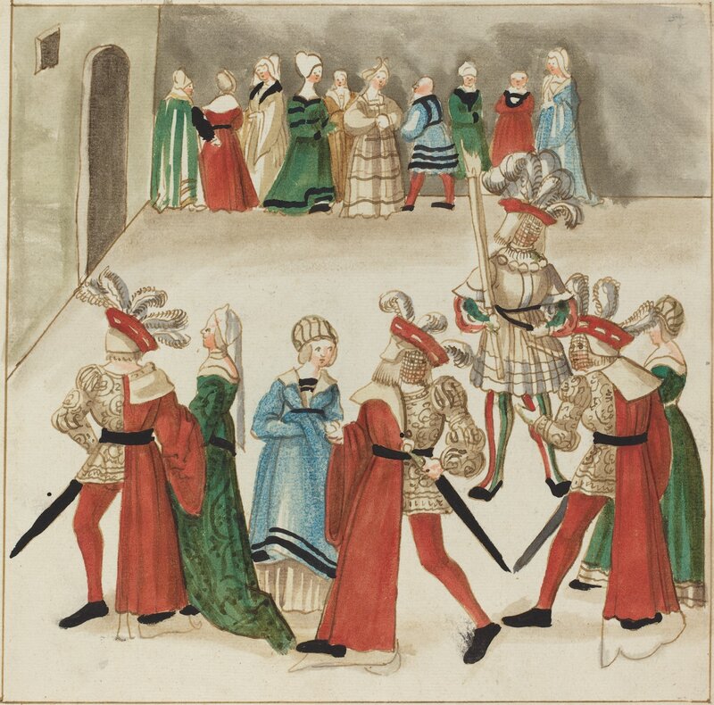 ‘Three Men in Red Capes Dancing with Their Partners’, ca. 1515, Drawing, Collage or other Work on Paper, Pen and brown ink with watercolor on laid paper, National Gallery of Art, Washington, D.C.