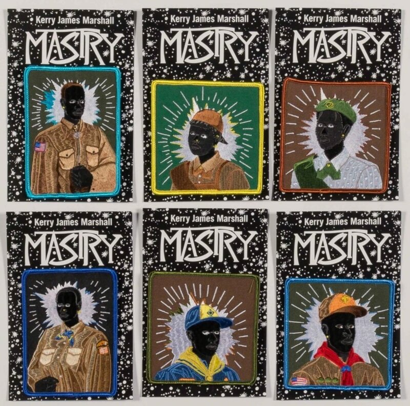 Kerry James Marshall, ‘Set of Six (Six) Scout Series Embroidered Patches’, 2017, Textile Arts, Rayon thread on poly twill backed embroidered patches, set of six. brand new in original museum packaging., Alpha 137 Gallery Gallery Auction