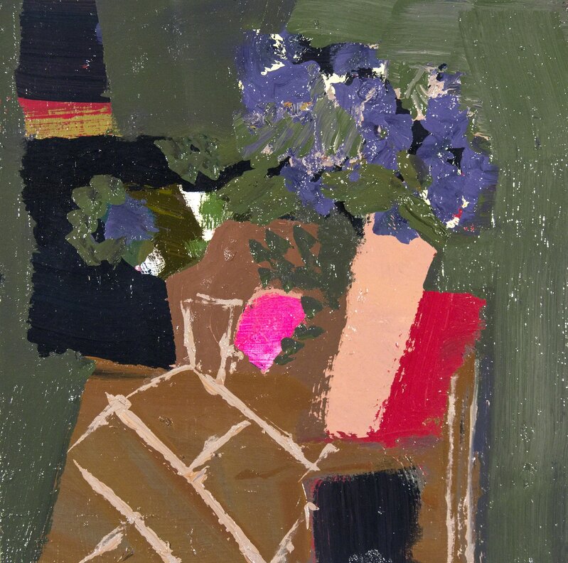 Jennifer Hornyak, ‘Hyacinth Blue with Black - small dark green, pink, brown floral still life oil’, 2018, Painting, Oil on Board, Oeno Gallery