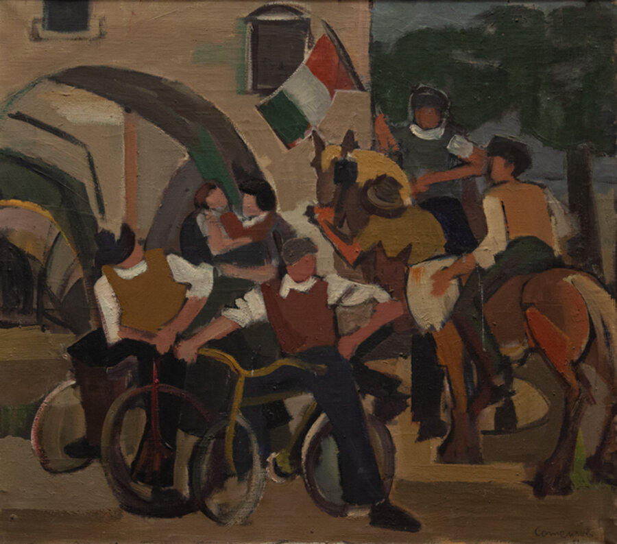Gruppo di ciclisti e cavalieri
