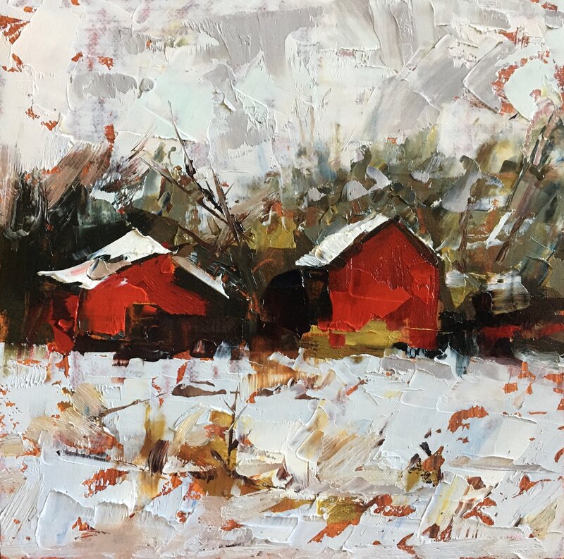 Sandra Pratt, ‘Red Barns’, 2020, Painting, Oil on linen panel, Abend Gallery