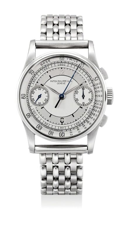 Patek Philippe, ‘An extremely rare and attractive stainless steel chronograph wristwatch with two tone silvered sector dial, bracelet and box’, 1939