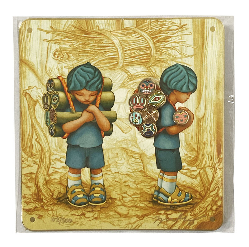 James Jean, ‘'The Woodcutter' Signed LE Enamel Pin Set’, 2019, Ephemera or Merchandise, Polished brass body and detailing on enamel pin set with deluxe brass clutches on screen printed card.  10 enamel colors, metallic foil accents., Signari Gallery