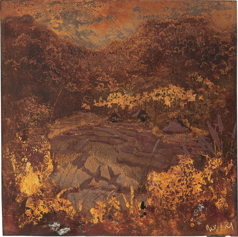 Nguyễn Gia Trí, ‘Landscape with Ricefields’, circa 1946, Mixed Media, Lacquer, eggshell white and gold paint on panel, Phillips