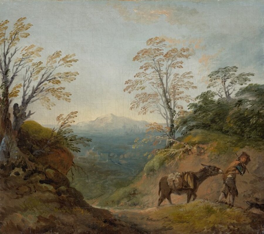 Wooded Landscape with a Boy Leading a Donkey and Dog, and an Extensive Panorama with Buildings and Distant Hills