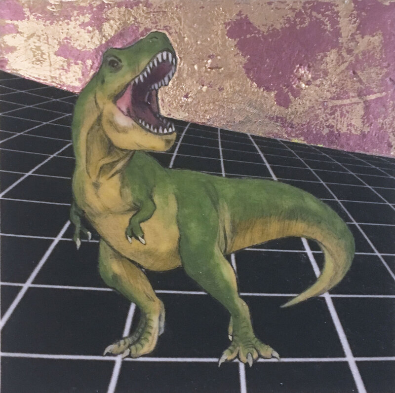 Alexis Kandra, ‘Tyrannosaurus Rex’, 2020, Painting, Oil, xerox transfer, & metallic foil on wood panel, Deep Space Gallery