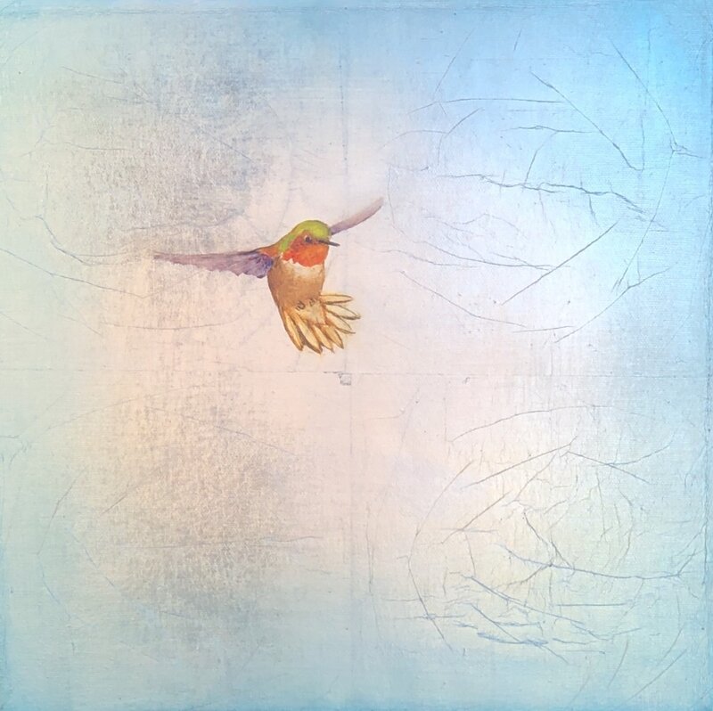 Carolyn Reynolds, ‘Single Hummer Over Teal’, 2020, Painting, Oil and silver leaf on canvas, Dawson Cole Fine Art