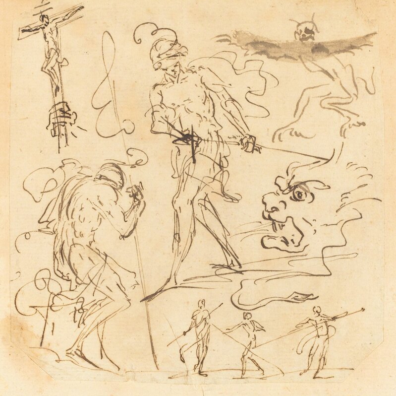 ‘Sheet of Studies with a Soldier Drawing a Sword, a Crucifix, Monstrous Animals, and Other Figures’, Drawing, Collage or other Work on Paper, Pen and brown ink on laid paper, National Gallery of Art, Washington, D.C.