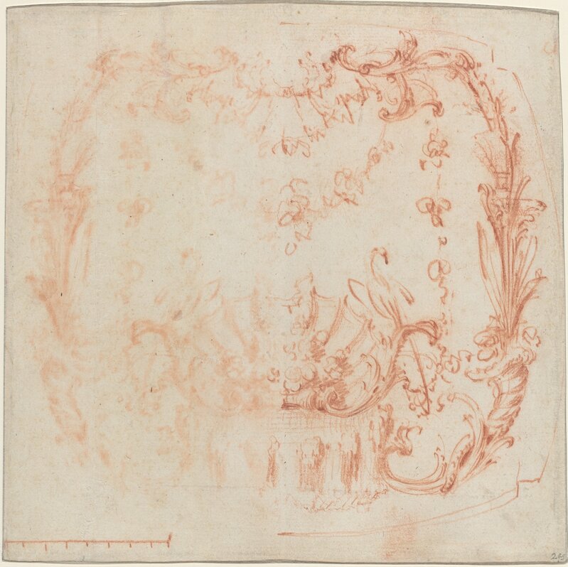 Jean-Baptiste Joseph Pater, ‘Rococo Wall Design with a Fountain and Swans [verso]’, ca. 1729, Drawing, Collage or other Work on Paper, Red chalk and red chalk counterproof on 2 joined sheets of laid paper, National Gallery of Art, Washington, D.C.