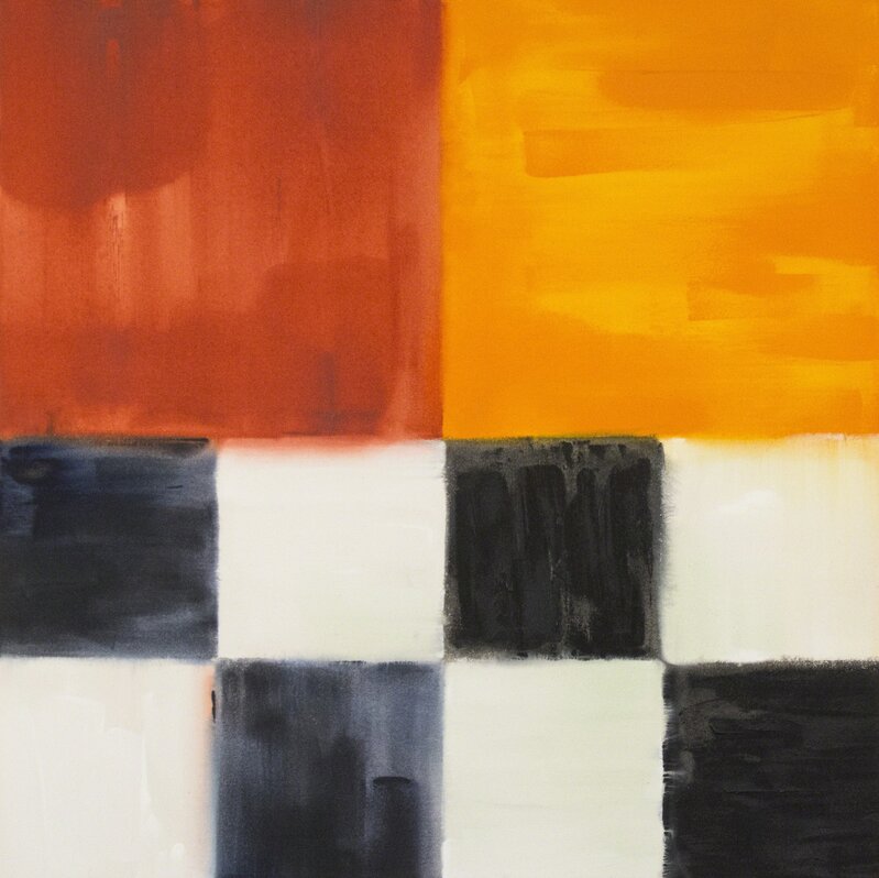 Milly Ristvedt, ‘Act of Silence - grids of black, white, orange, red, abstract, acrylic on canvas’, 1995, Painting, Acrylic on canvas, Oeno Gallery
