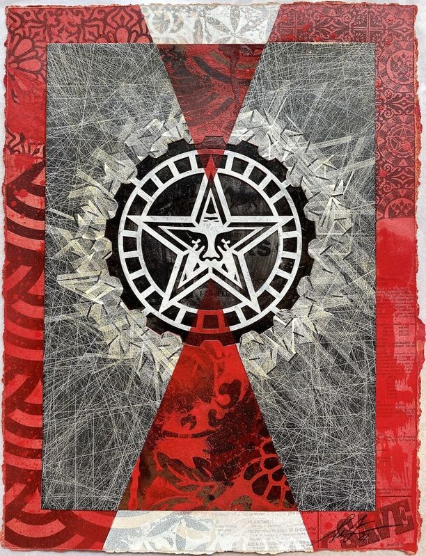 Shepard Fairey, ‘Star Gear Wedge’, 2021, Drawing, Collage or other Work on Paper, Material Stencil and Mixed Media Collage on Paper, StolenSpace Gallery