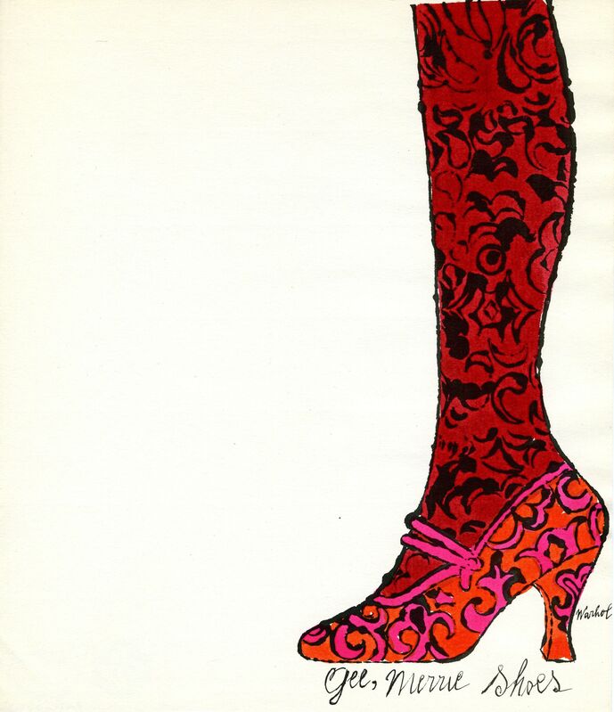 Andy Warhol, ‘Gee Merrie Shoes’, 1956, Drawing, Collage or other Work on Paper, Unique watercolor and offset lithograph on paper, Woodward Gallery