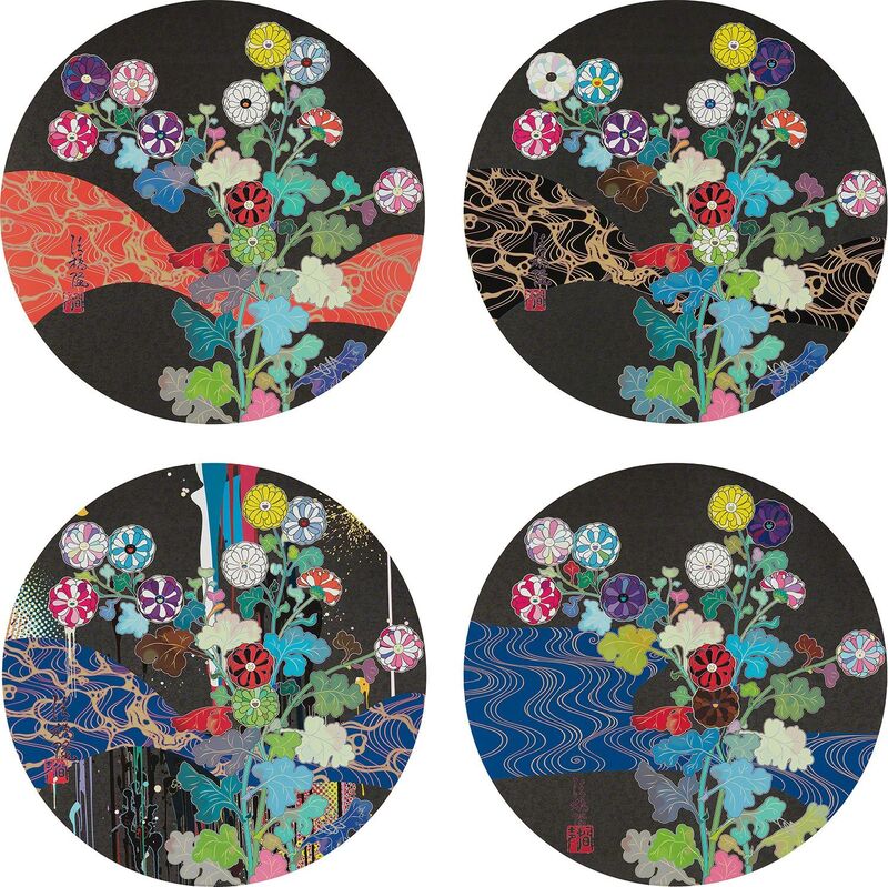 Takashi Murakami, ‘A Red River is Visible; Kansei: Wildflowers Glowing in the Night; Kōrin: Stellar River in the Heavens;  Kōrin: Azure River’, 2014-2015, Print, Four offset lithographs in colors, on wove paper, the full sheets., Phillips