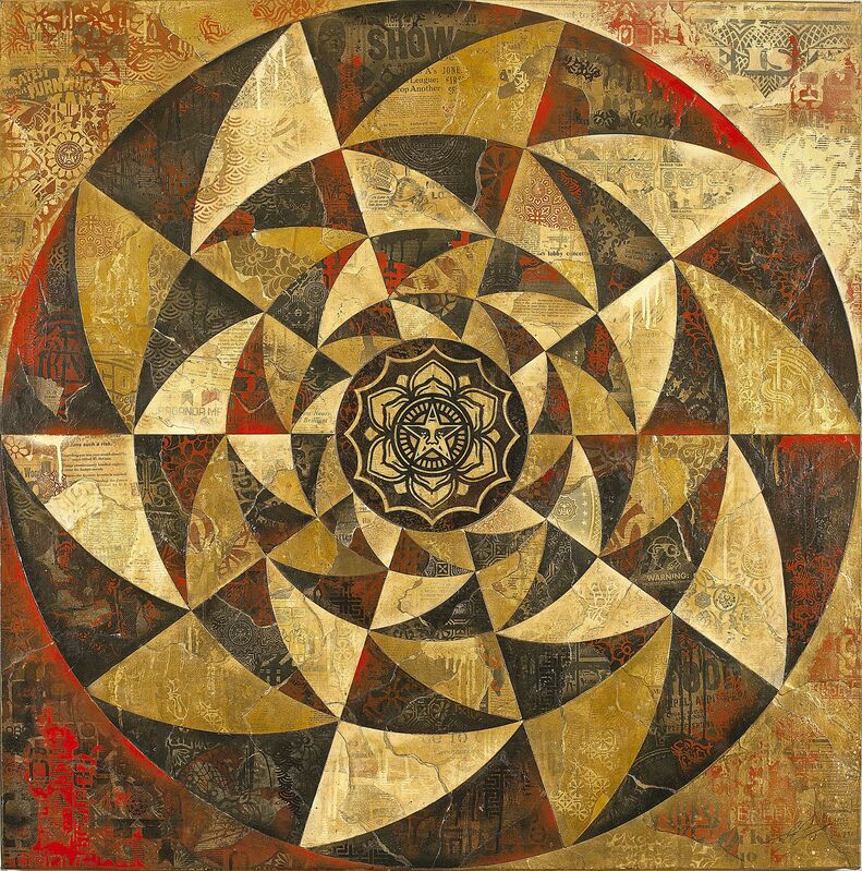 Shepard Fairey, ‘Lotus Spiral (Red)’, 2013, Painting, Mixed media (stencil, silkscreen and collage) on canvas. Framed, Paul Stolper Gallery