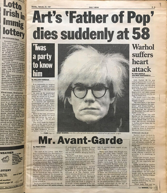 Andy Warhol, ‘Andy Warhol 'Pop Art's King Dies' (New York Daily News 1987 Warhol death) ’, 1987, Ephemera or Merchandise, Newspaper and Ink, Lot 180 Gallery