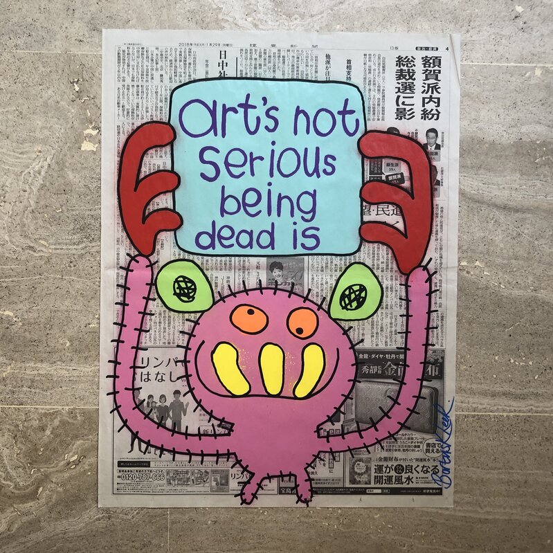 Bortusk Leer, ‘Art's Not Serious Being Dead Is’, 2019, Painting, Spray paint and acrylic pen on newspaper, Kalkman Gallery