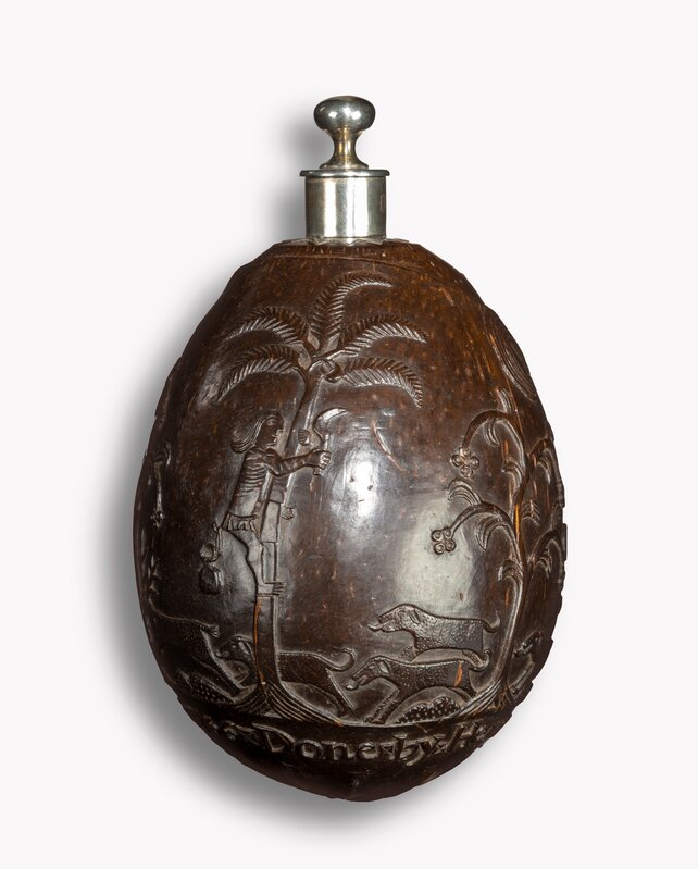 Anglo Indian, ‘18th Century Carved Relief ‘Bugbear’ Coconut Powder Flask and Ladle’, 1756, Design/Decorative Art, Carved coconut, lignum vitae, silver and mica., Thomas Coulborn & Sons