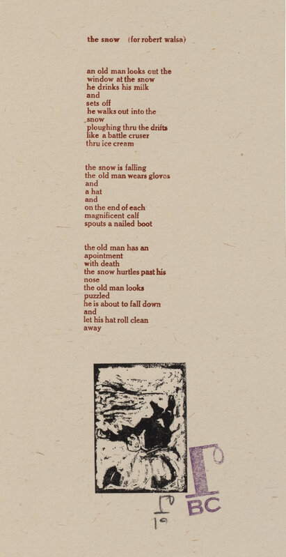 Billy Childish, ‘Man Walking Up a Snowy Slope’, 2010, Print, Etching with hand-coloring, on Somerset paper, with full margins, with accompanying linocut with letterpress poem with artist's stamp., Phillips