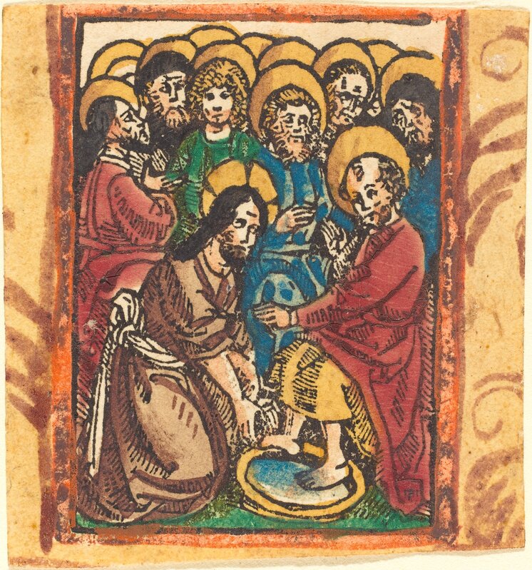 ‘Christ Washing the Feet of the Apostles’, ca. 1490/1500, Print, Woodcut, hand-colored in red lake, dark blue, and lilac, National Gallery of Art, Washington, D.C.