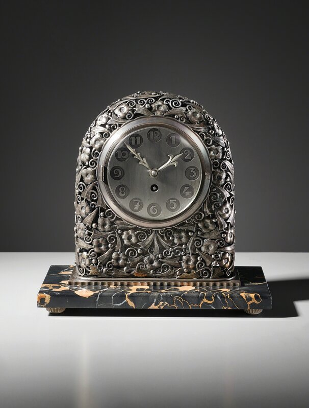 Edgar Brandt, ‘Mantle clock’, 1920s, Design/Decorative Art, Silver-plated iron, silver-plated brass, marble, glass, Phillips