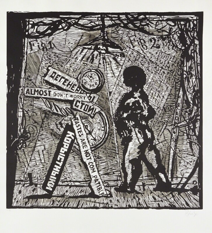 William Kentridge, ‘Almost Don't Worry’, 2010, Drawing, Collage or other Work on Paper, Linocut with hand-painting, on Hahnemüle paper, with full margins, Phillips