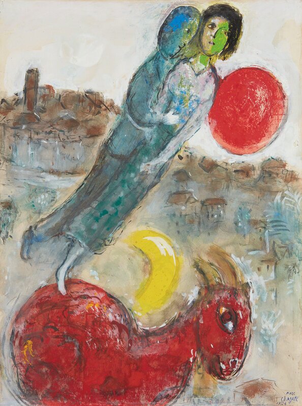 Marc Chagall, ‘Vence ou Les amoureux à l'âne’, 1955, Mixed Media, Gouache, India ink wash and India ink on paper laid on canvas, Phillips