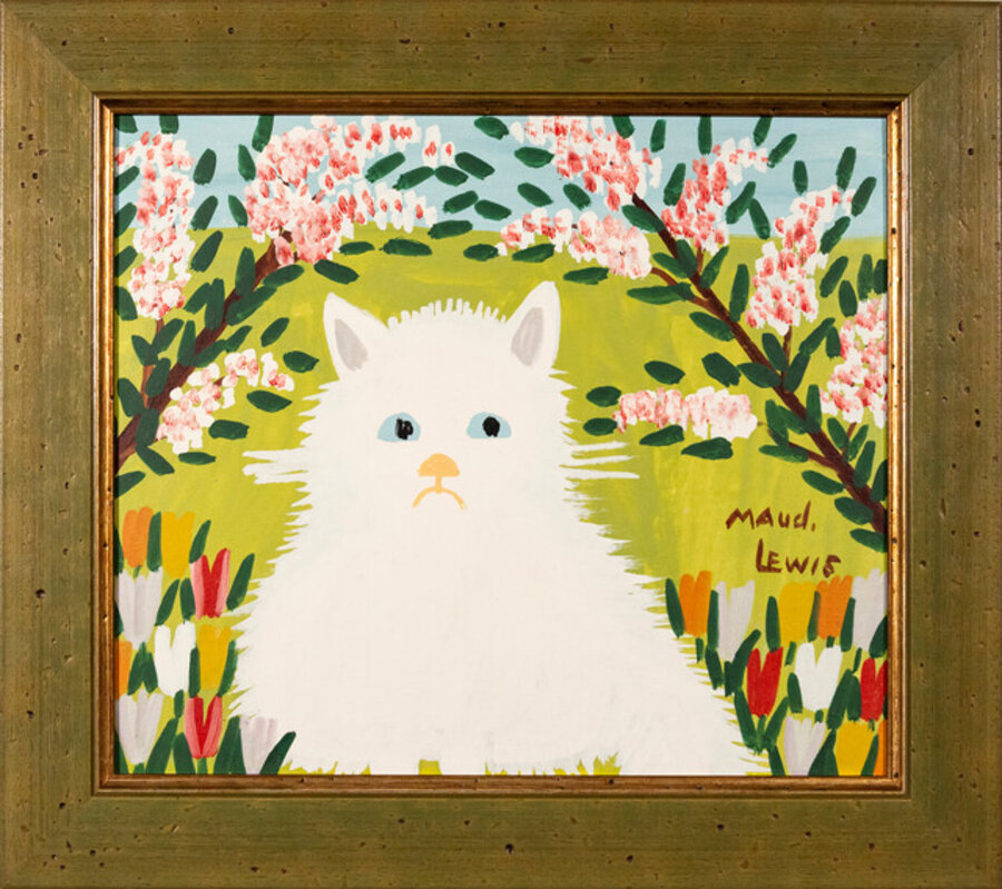 White Cat- bright, colourful, Canadian, folk art, oil on board
