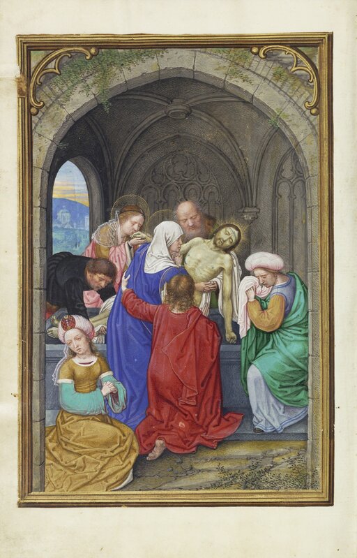Simon Bening, ‘The Entombment’, 1525-1530, Tempera colors, gold paint, and gold leaf on parchment, J. Paul Getty Museum
