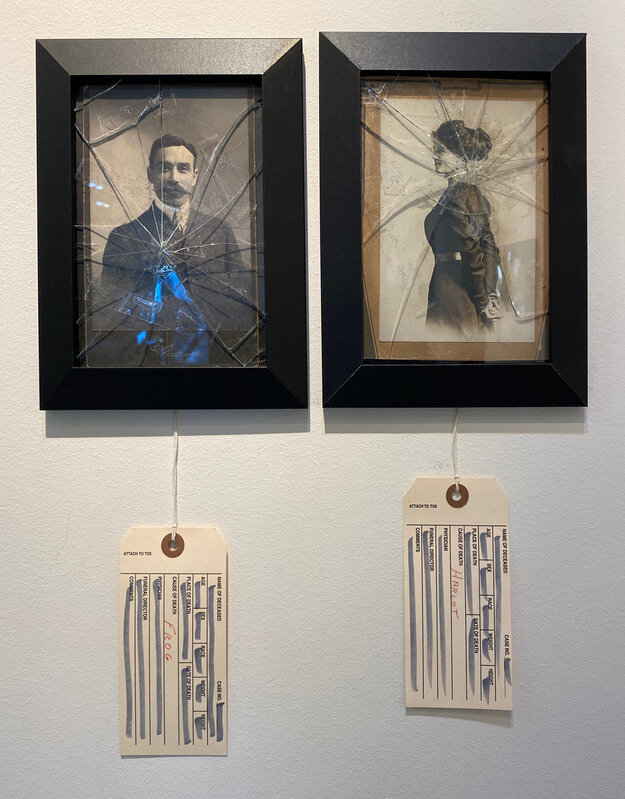 Marc Barker, ‘'Frog' and 'Harlot' Photos from 'Immigrants Redacted' Mixed Media Installation by Marc Barker’, 2017-2020, Installation, Mixed Media Installation, Variable Height & Width, Frames with Broken Glass each with Vintage Photograph and a Redacted Toe Tag Labeling ‘Cause of Death’, Definitions for Labeled Slang Terms, 1515 Lincoln Gallery
