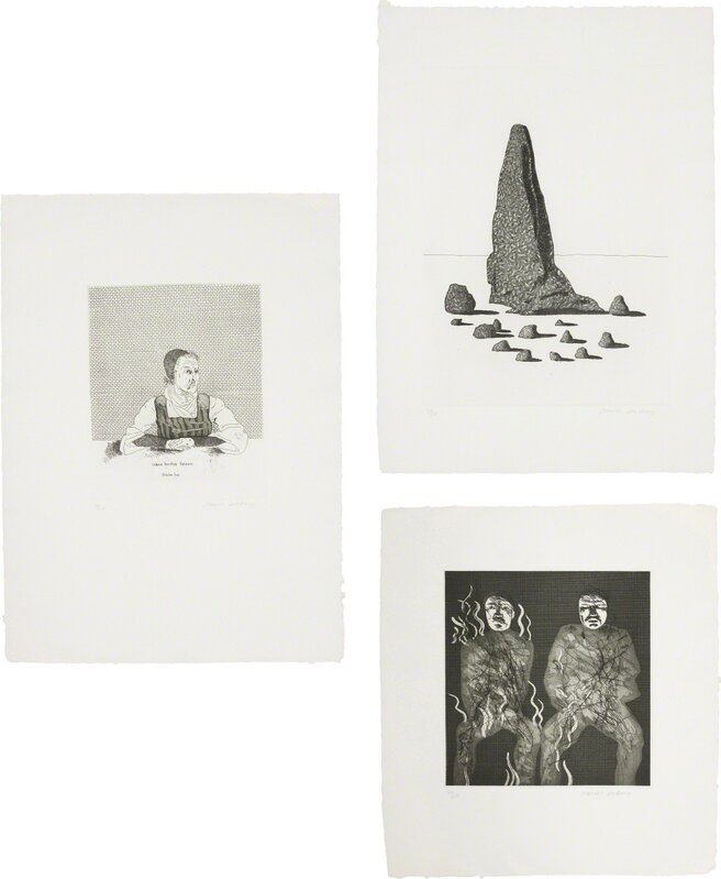 David Hockney, ‘Catharina Dorothea Viehman; The Sexton Disguised as a Ghost Stood Still as Stone; and Corpses on Fire, plates 1, 21 and 22 from Illustrations for Six Fairy Tales from the Brothers Grimm’, 1969, Print, Three etching and aquatints, one with drypoint, on Hodgkinson hand-made wove paper watermarked 'DH / PP', with full margins, with colophon, the sheets loose, contained in the original blue leather-covered portfolio, Phillips